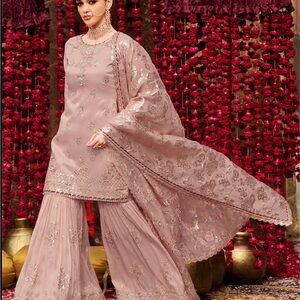 Lashkaraa Elegant Pink and Gold Embroidered Gharara Suit